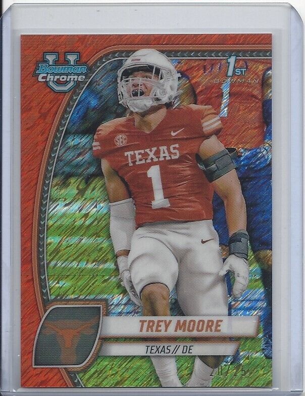 TREY MOORE 2024 BOWMAN CHROME UNIVERSITY 1ST ORANGE SHIMMER REFRACTOR TEXAS /25