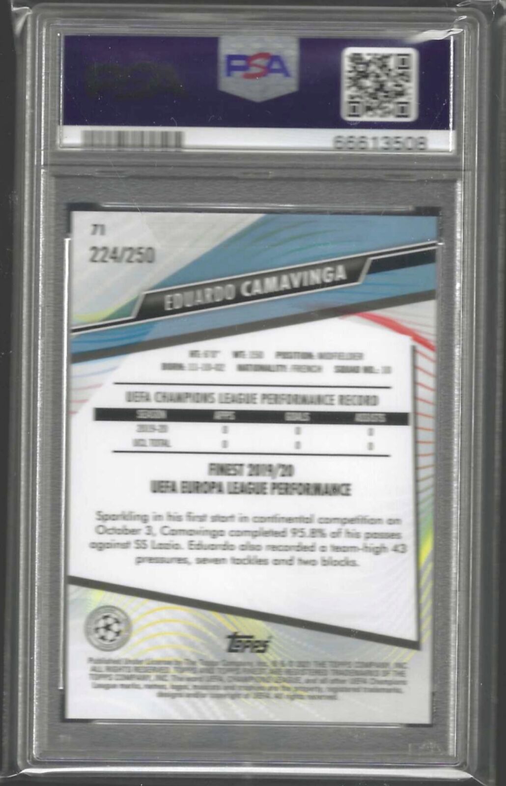 EDUARDO CAMAVINGA 2019-20 TOPPS FINEST PURPLE REFRACTOR RC /250 PSA 10 GEM MINT
