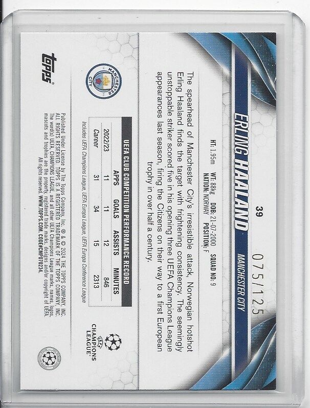 ERLING HAALAND 2023-24 TOPPS CLUB COMPETITIONS BLUE INFERNO FOIL #D 75/125