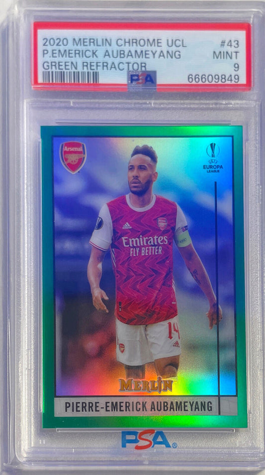 1/1 PIERRE EMERICK AUBAMEYANG 2020 MERLIN GREEN REFRACTOR #d 14/99 PSA 9 JSY #14