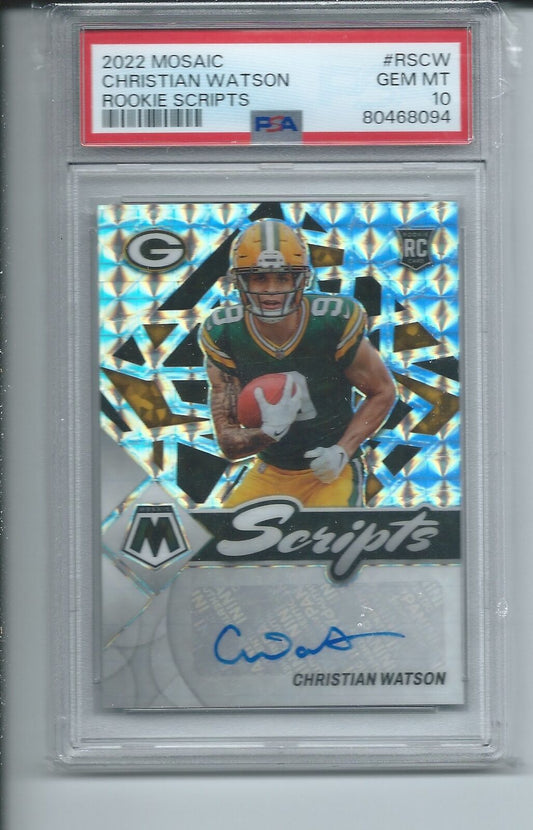 CHRISTIAN WATSON 2022 PANINI MOSAIC ROOKIE SCRIPTS AUTO RC #RSCW PSA 10 GEM MINT