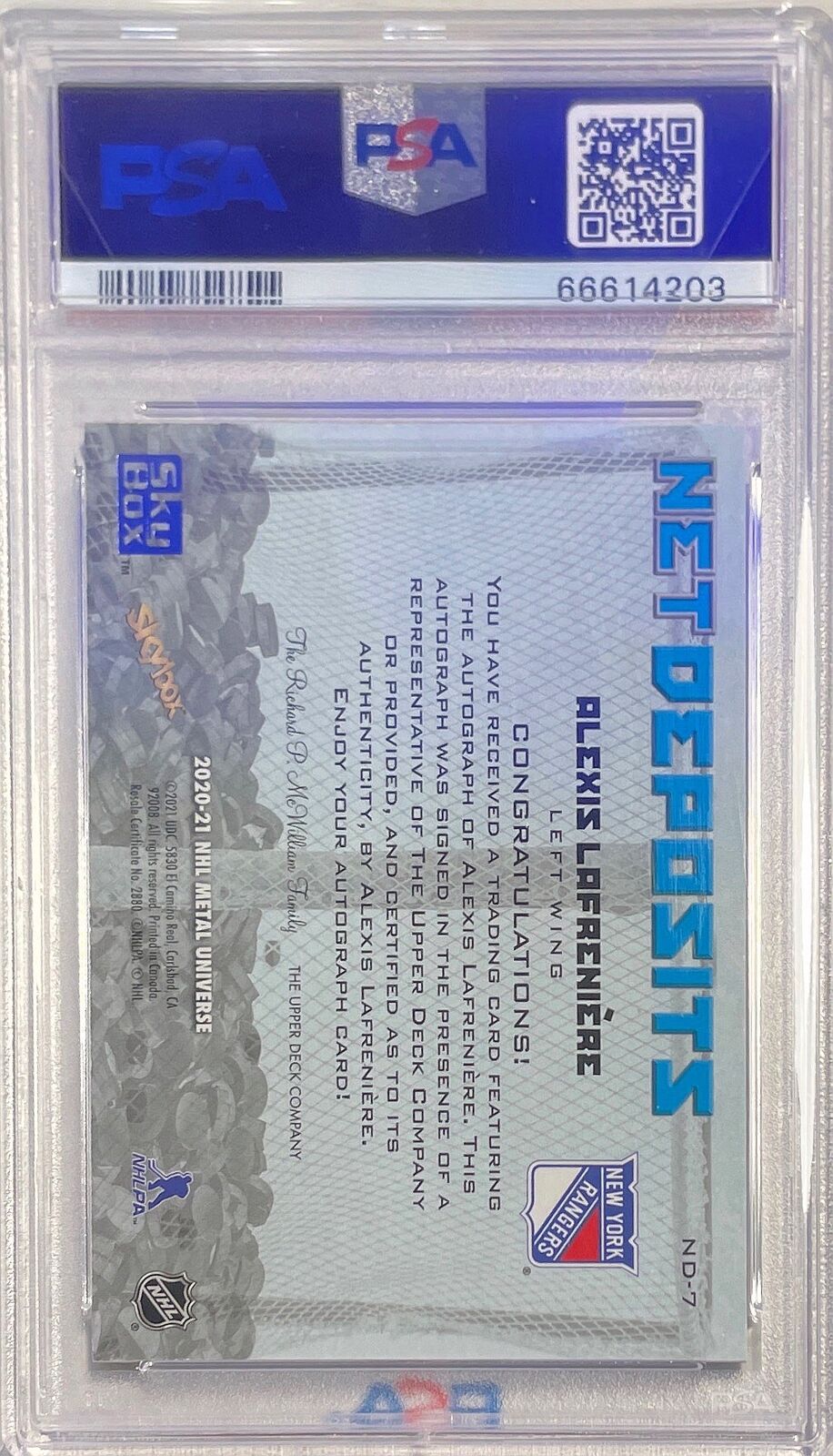 ALEXIS LAFRENIERE 2020-21 METAL UNIVERSE NET DEPOSITS AUTO RC #ND-7 PSA 10 POP 4