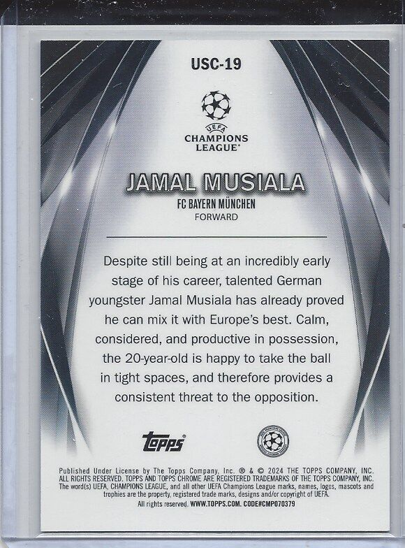 JAMAL MUSIALA 2023-24 TOPPS CLUB ULTIMATE STAGE CHROME BLUE REFRACTOR #D 110/150