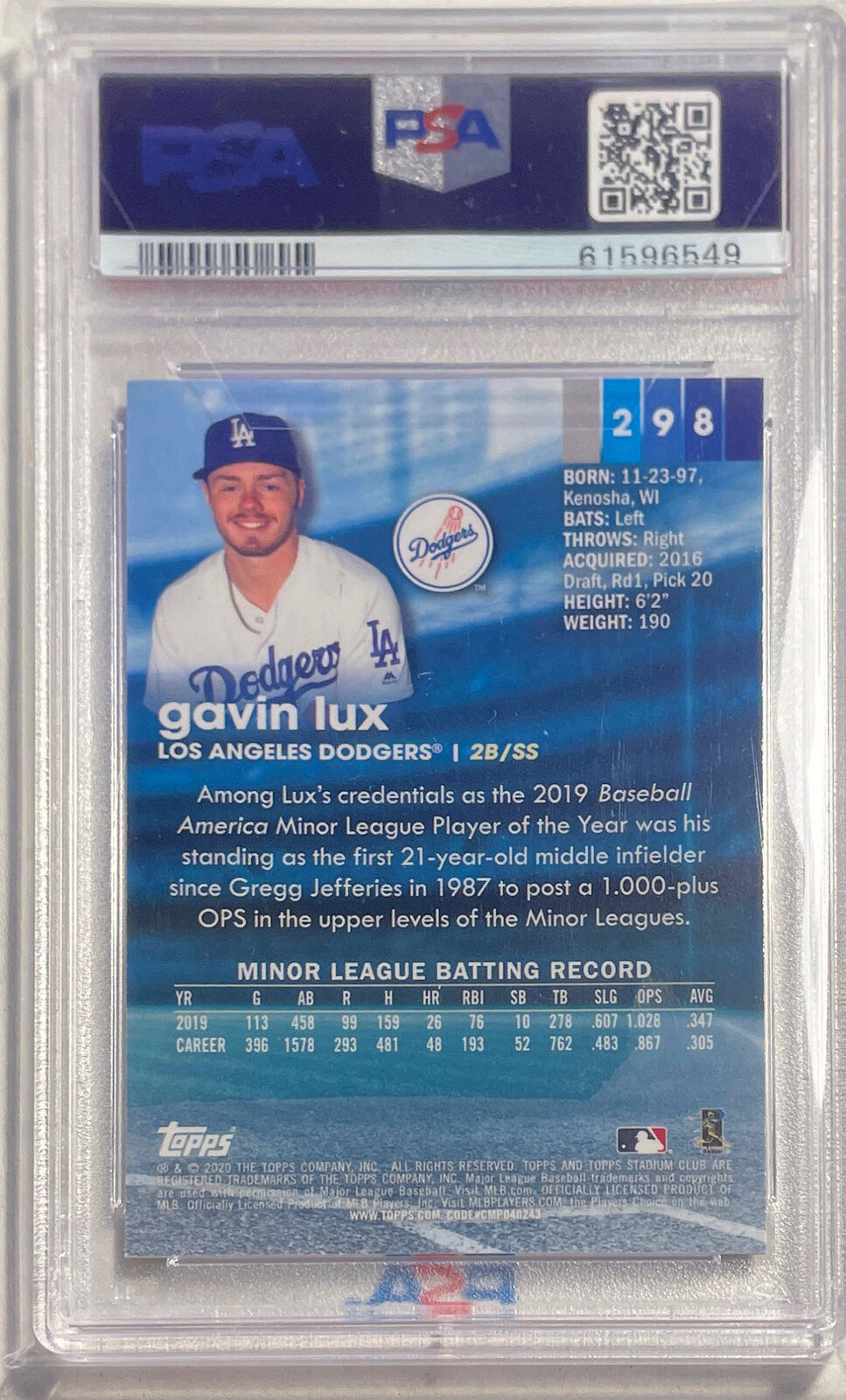 GAVIN LUX 2020 STADIUM CLUB CHROME ROOKIE RC #298 PSA 10 GEM MINT POP 52
