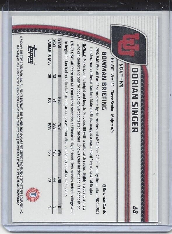 DORIAN SINGER 2024 BOWMAN CHROME UNIVERSITY BLACK WHITE STEALTH REFRACTOR #D /48