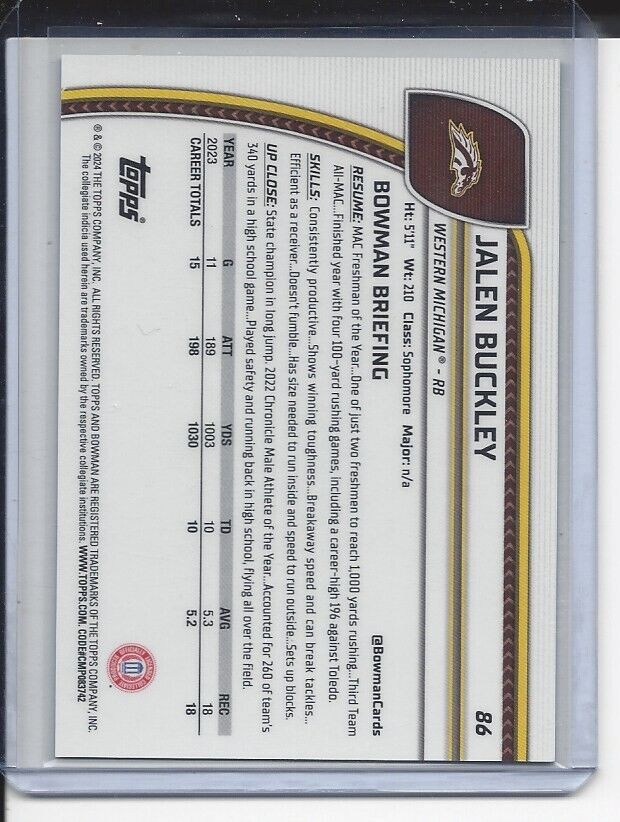 JALEN BUCKLEY 20224 BOWMAN CHROME UNIV 1ST WESTERN MICHIGAN GREEN REFRACTOR /99