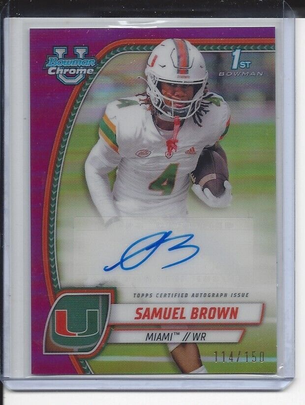 SAMUEL BROWN 20224 BOWMAN CHROME UNIVERSITY 1ST MIAMI PURPLE REFRACTOR AUTO /150