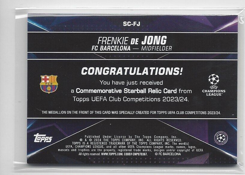 FRENKIE DE JONG 2023-24 TOPPS CLUB COMPETITIONS UCL STARBALL RELIC PATCH