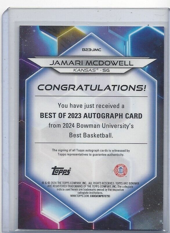 JAMARI MCDOWELL 2023 BOWMANS BEST UNIVERSITY KANSAS REFRACTOR AUTO #D  1/125