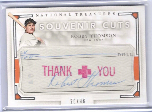 BOBBY THOMPSON 2016 PANINI NATIONAL TREASURES SOUVENIR CUTS AUTO #D 26/98