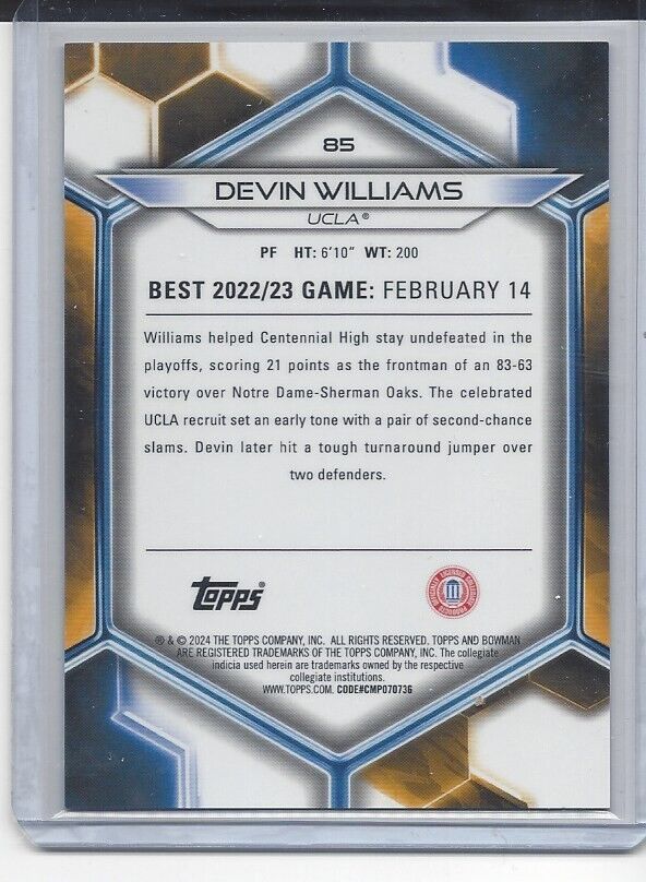 DEVIN WILLIAMS 2023 BOWMANS BEST RED LAVA UCLA REFRACTOR #D 2/5