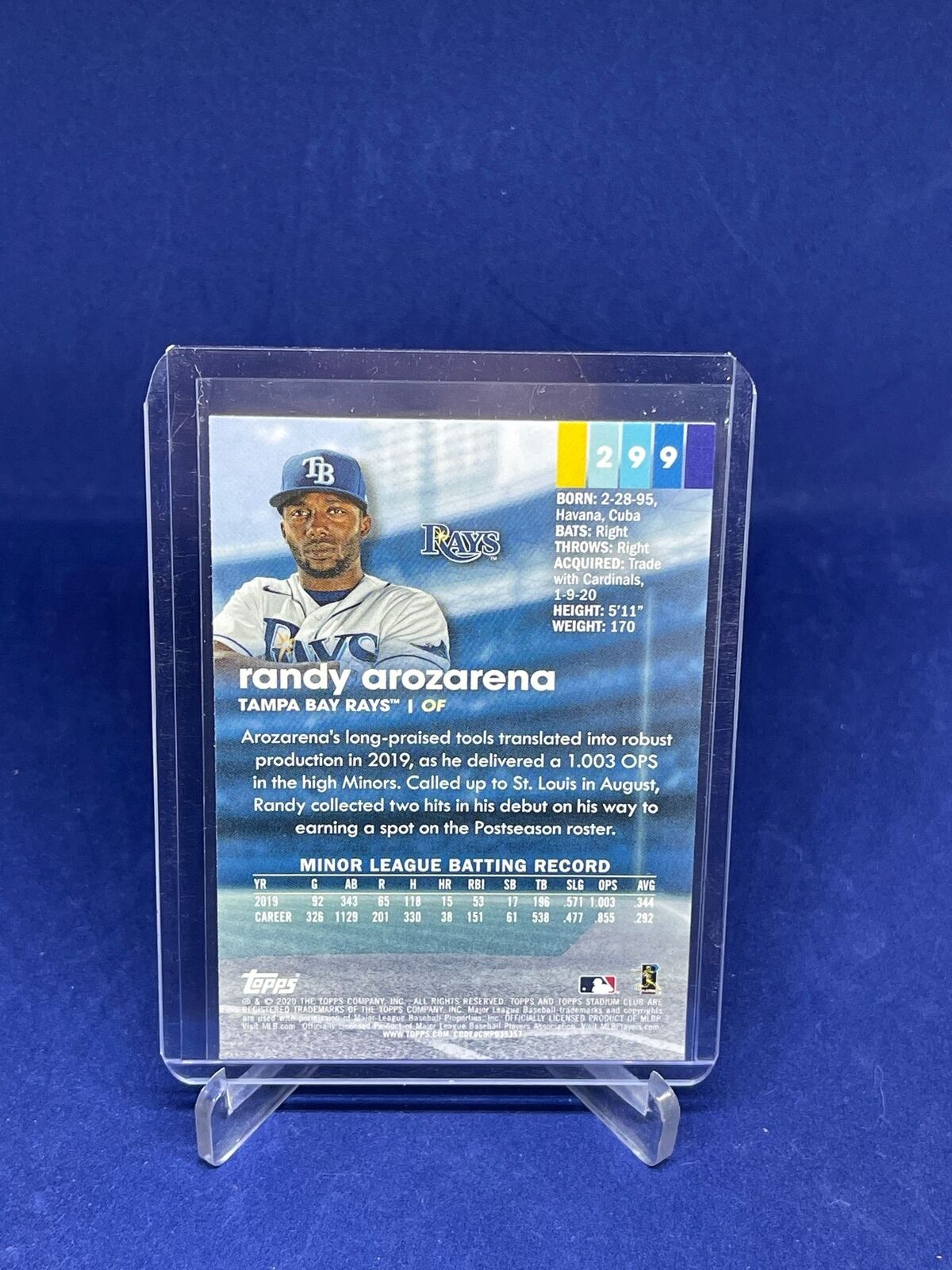 RANDY AROZARENA 2020 TOPPS STADIUM CLUB ORANGE SEPIA ROOKIE RC #299
