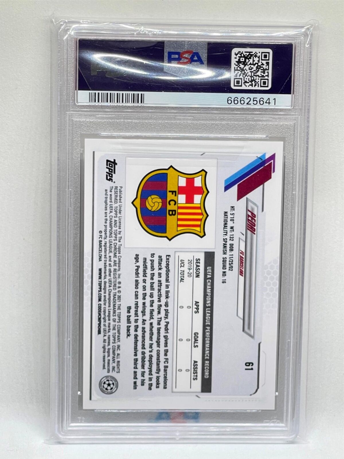 PEDRI 2020 TOPPS CHROME UEFA CHAMPIONS LEAGUE #61 ROOKIE RC PSA 9 MINT