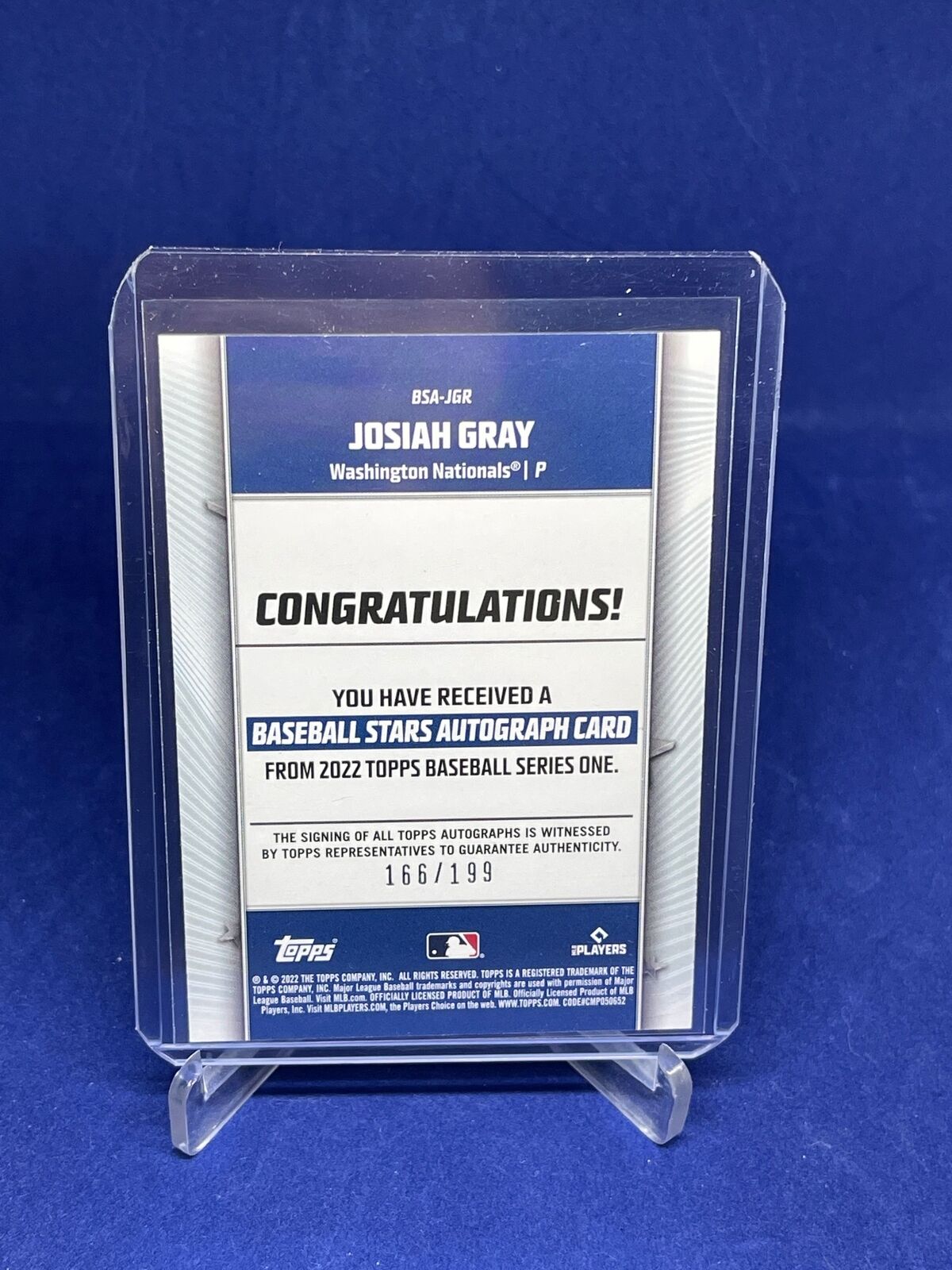 JOSIAH GRAY 2022 TOPPS SERIES ONE BASEBALL STARS AUTO ROOKIE RC #D 166/199