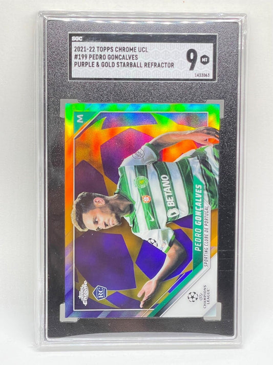 PEDRO GONCALVES 2021-22 TOPPS CHROME UCL PURPLE GOLD STARBALL REFRACTOR RC SGC 9