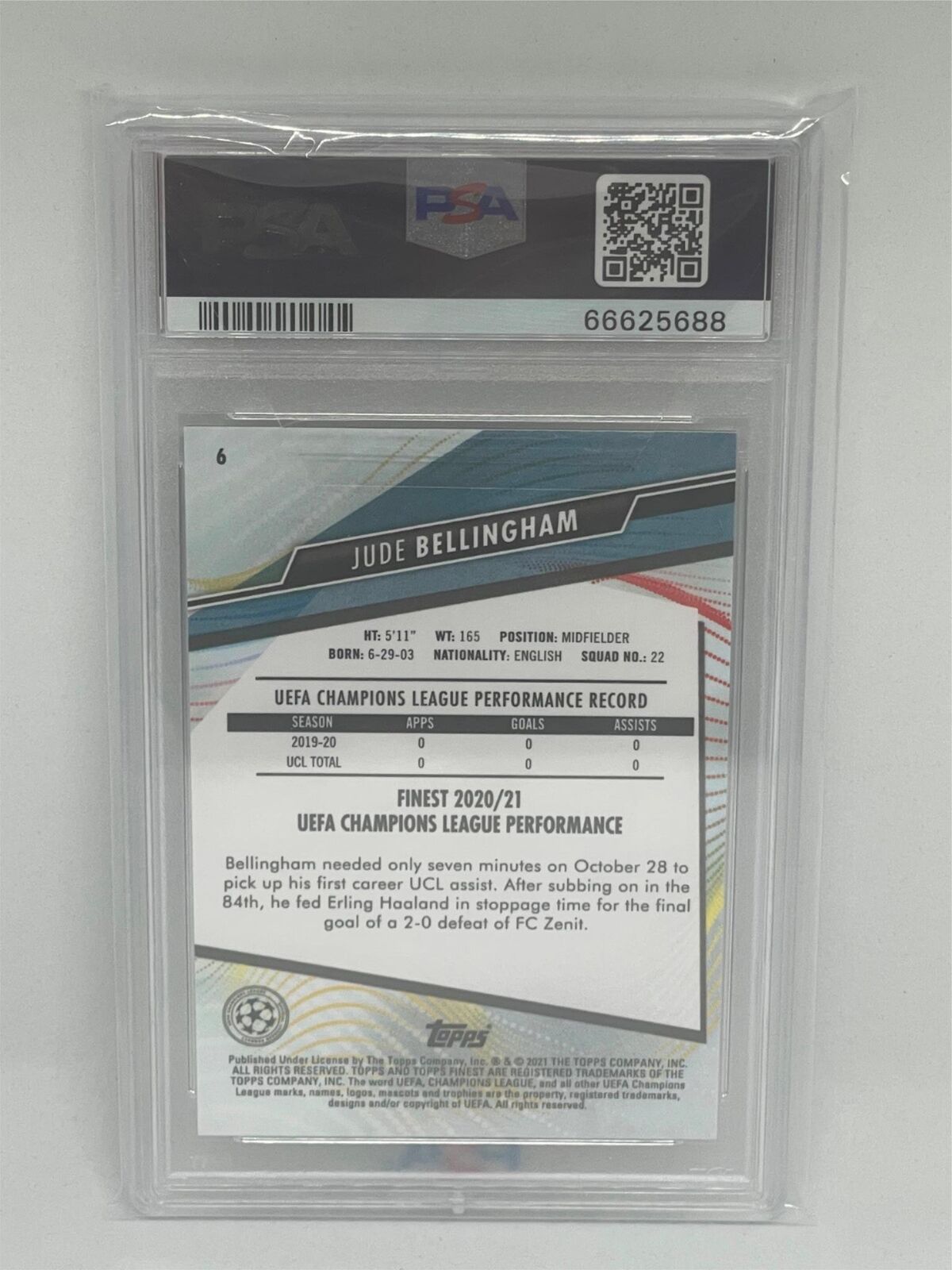 JUDE BELLINGHAM 2020 TOPPS FINEST UEFA CHAMPIONS LEAGUE #6 ROOKIE RC PSA 10