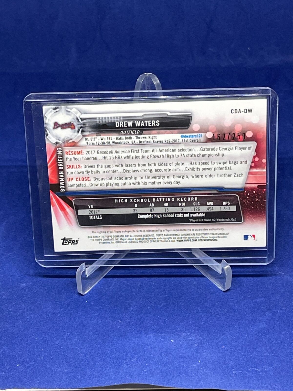 DREW WATERS 2017 BOWMAN CHROME 1ST AUTO PURPLE REFRACTOR PROSPECT #D 162/250
