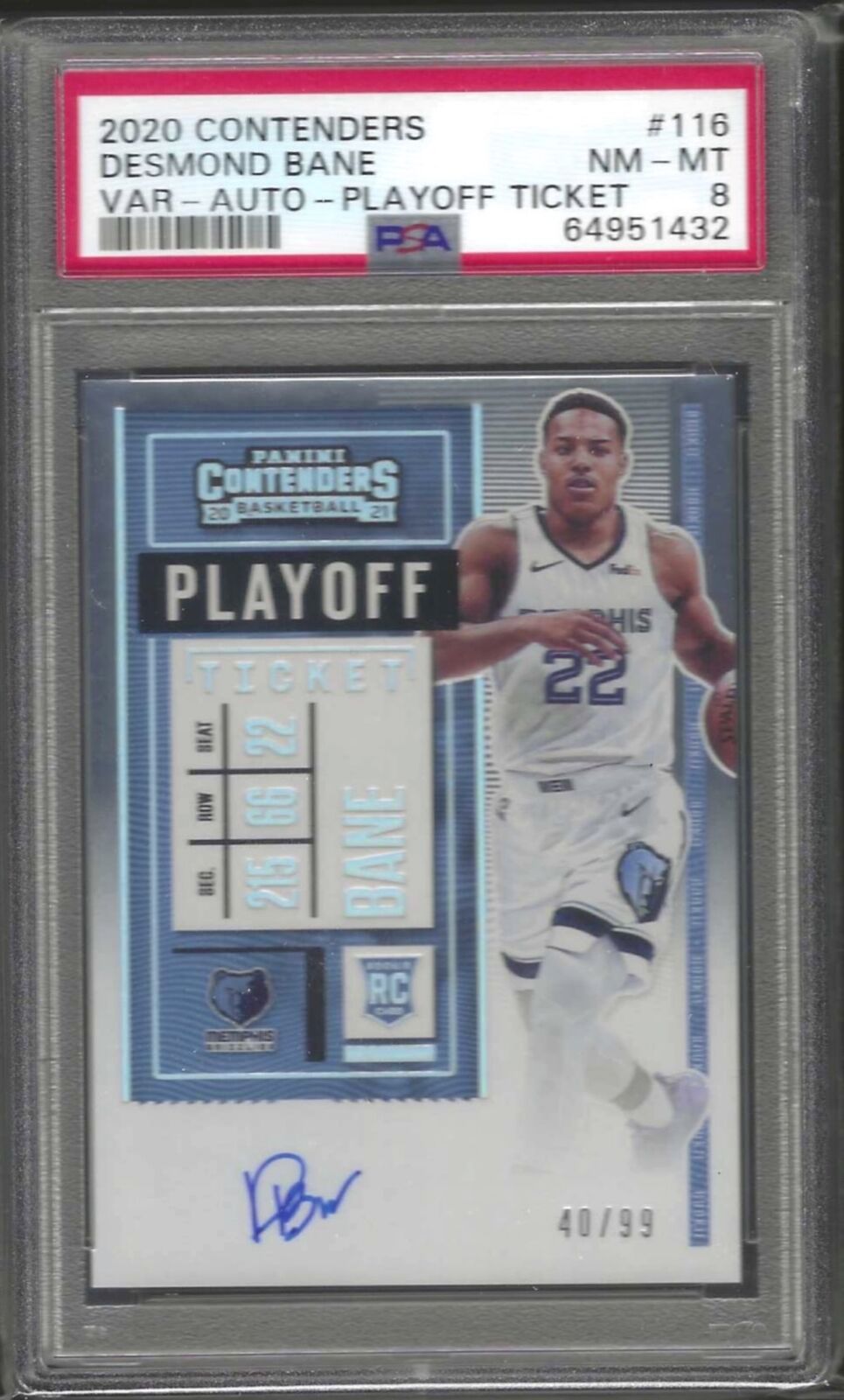 DESMOND BANE 2020-21 PANINI CONTENDERS PLAYOFF TICKET AUTO RC /99 PSA 8 POP 2