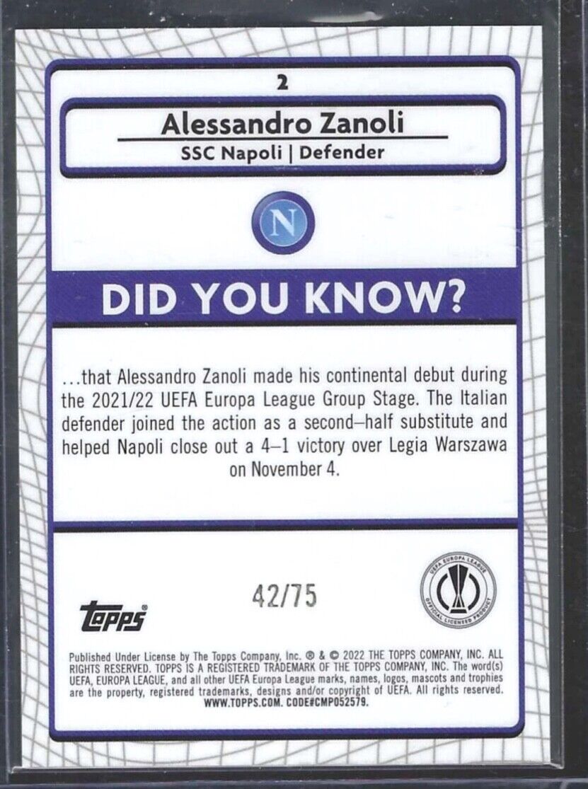 ALESSANDRO ZANOLI 2021-22 TOPPS MERLIN BLUE SHIMMER REFRACTOR ROOKIE RC #D 42/75