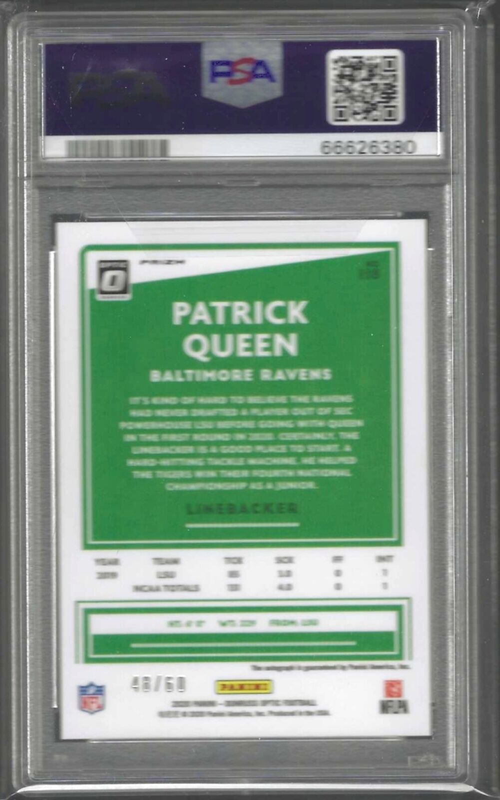 1/1 PATRICK QUEEN 2020 DONRUSS OPTIC BLUE PRIZM AUTO RC #D 48/60 PSA 9 JSY #48 !