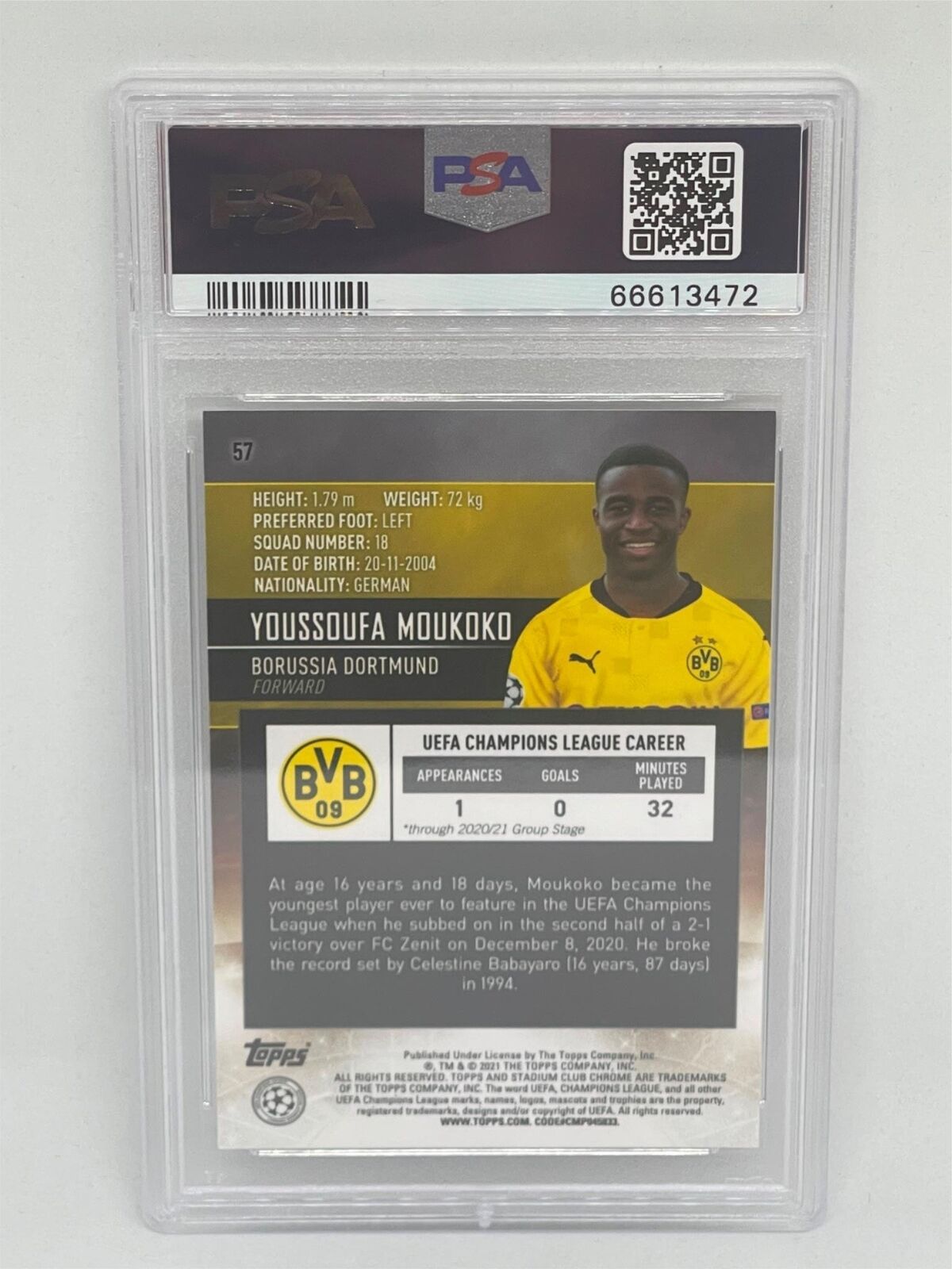YOUSSOUFA MOUKOKO 2020-21 TOPPS STADIUM CLUB CHROME UCL #57 ROOKIE RC PSA 10