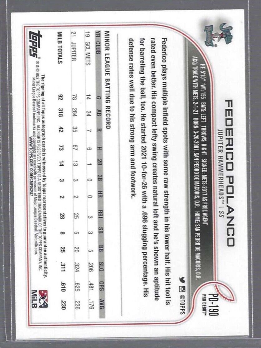 FEDERICO POLANCO 2022 TOPPS PRO DEBUT PROSPECT AUTO #PD-190