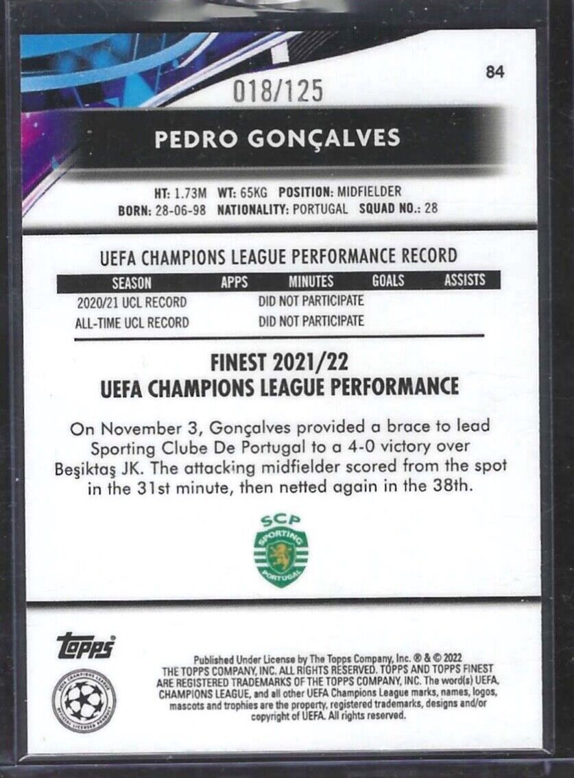 PEDRO GONCALVES 2021-22 TOPPS FINEST PINK REFRACTOR ROOKIE RC #D 018/125