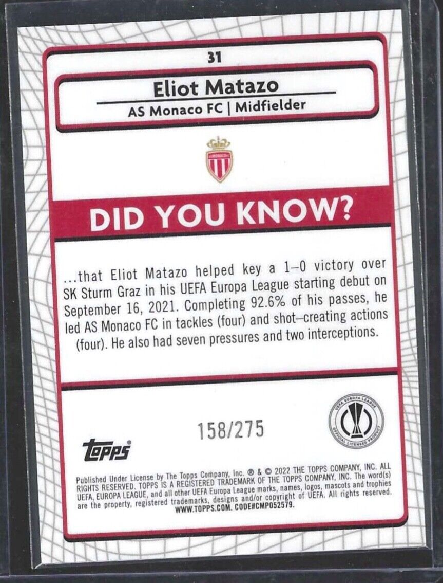 ELIOT MATAZO 2021-22 TOPPS MERLIN PINK MOJO REFRACTOR ROOKIE RC #D 158/275