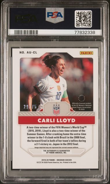 CARLI LLOYD 2019-20 PANINI OBSIDIAN AURORA PURPLE AUTO 29/75 PSA 9 MINT POP 1/1