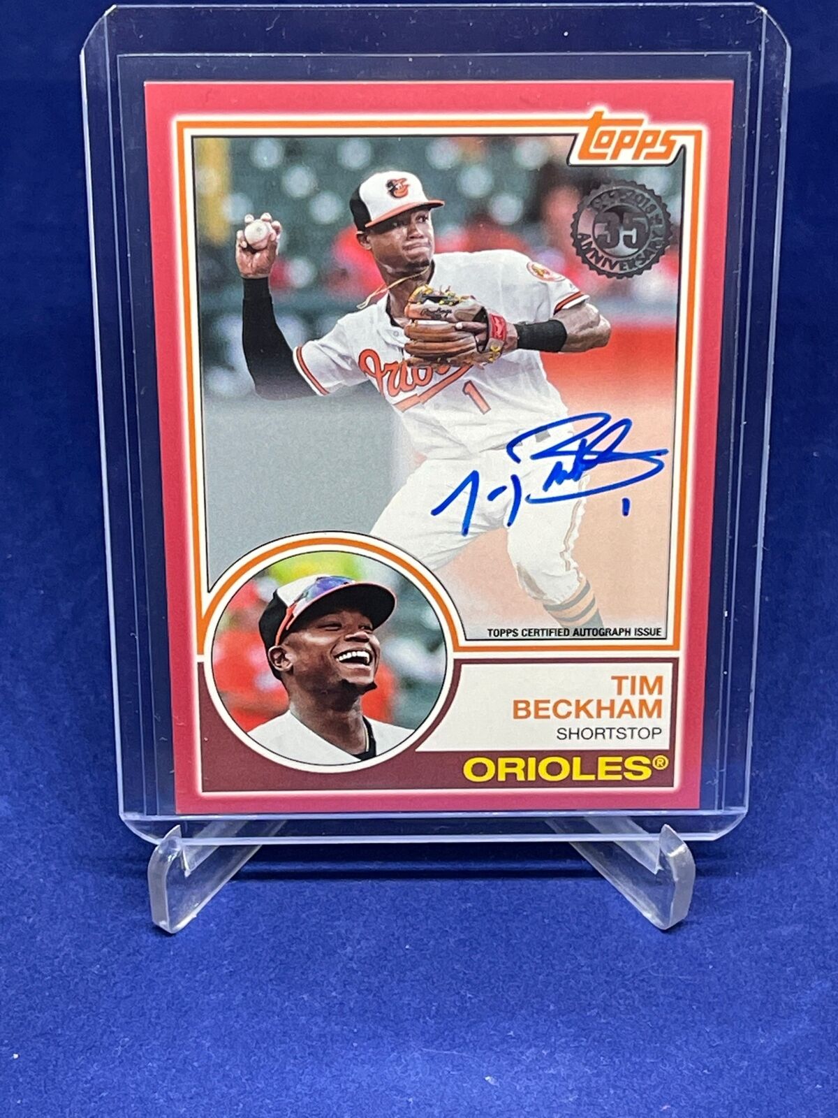TIM BECKHAM 2018 TOPPS 1983 ON CARD AUTO RED #D 9/25