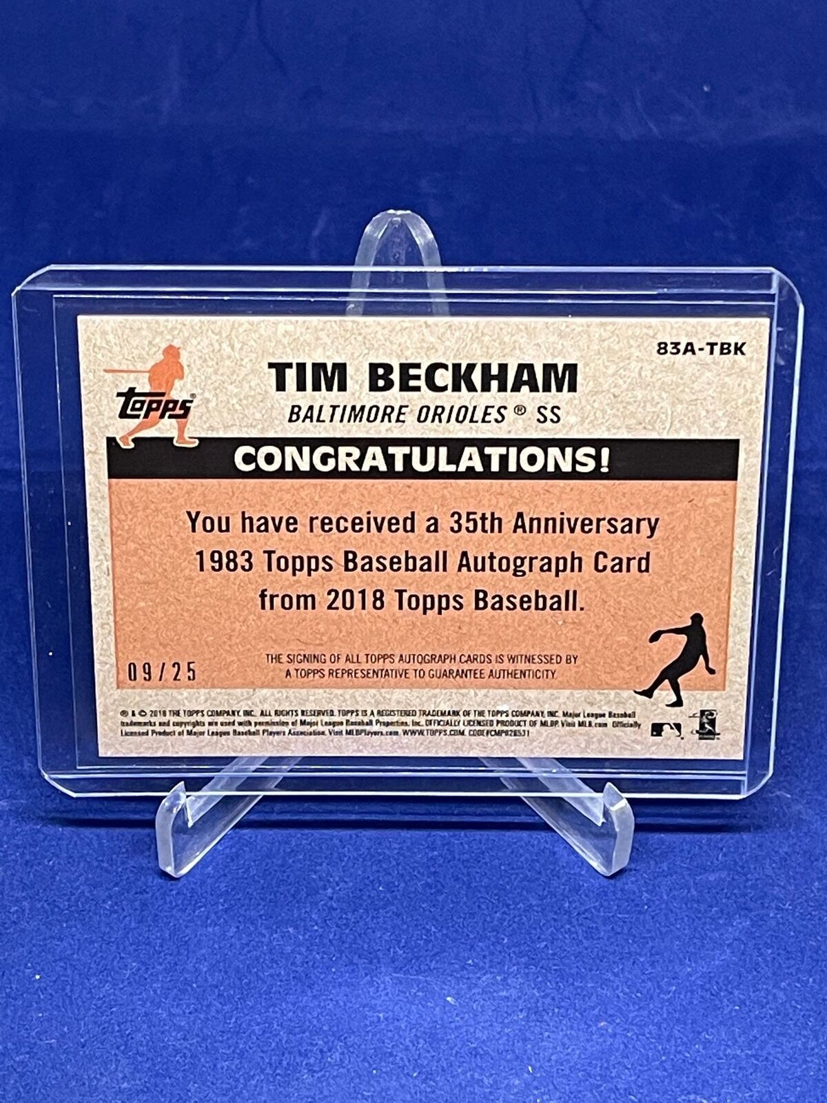 TIM BECKHAM 2018 TOPPS 1983 ON CARD AUTO RED #D 9/25