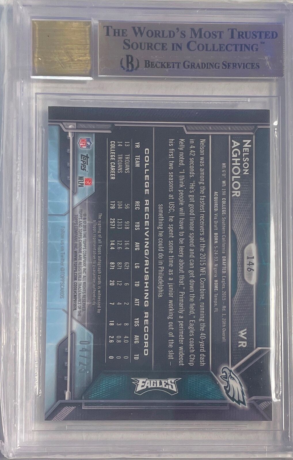 NELSON AGHOLOR 2015 TOPPS CHROME BLACK AUTO REFRACTOR RC #D /25 BGS 9.5 10 POP 3