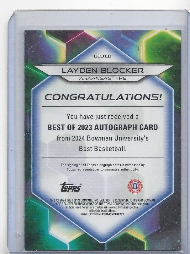 LAYDEN BLOCKER 2023 BOWMAN'S BEST UNIVERSITY GOLD GEOMETRIC REFRACTOR AUTO /50