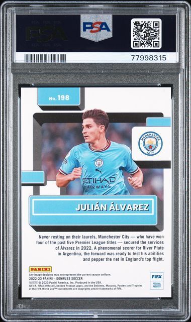 JULIAN ALVAREZ 2022-23 DONRUSS FIFA TEAL RATED ROOKIE RC 194/199 PSA 10 GEM MINT