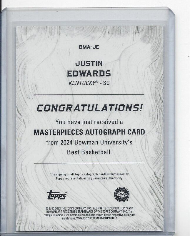 JUSTIN EDWARDS 2023 BOWMAN BEST U MASTERPIECES GOLD GEOMETRIC REFRACTOR AUTO /50
