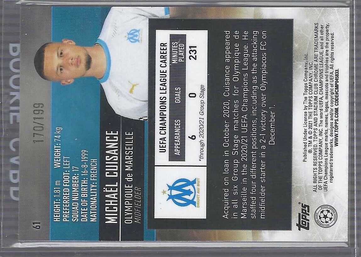 MICHAEL CUISANCE 2020-21 TOPPS STADIUM CLUB CHROME AQUA REFRACTOR RC #D 170/199