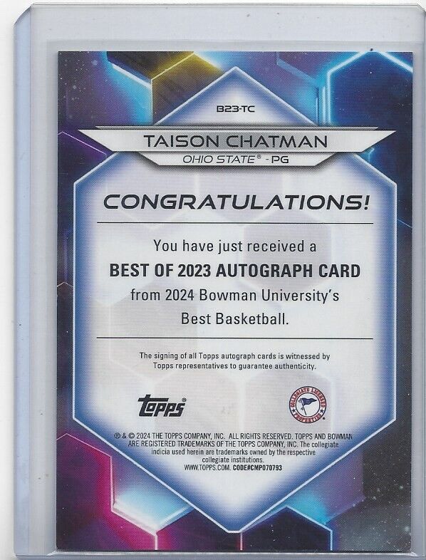 TAISON CHATMAN 2023 BOWMAN'S BEST UNIVERSITY GOLD REFRACTOR AUTO #D 49/50