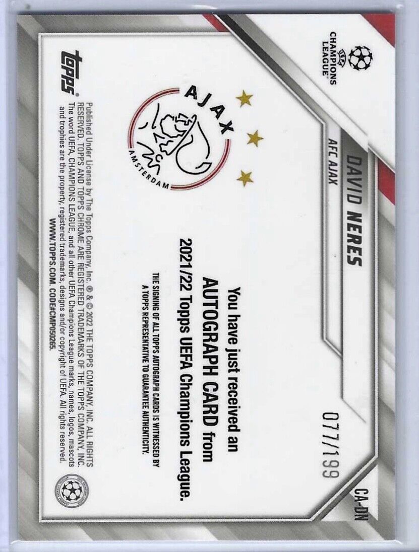 DAVID NERES 2021-22 TOPPS CHROME UEFA AQUA REFRACTOR AUTO #D 077/199