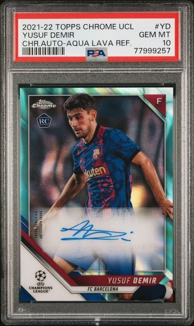 YUSUF DEMIR 2021-22 TOPPS CHROME UCL AQUA LAVA REFRACTOR AUTO RC PSA 10 GEM MINT