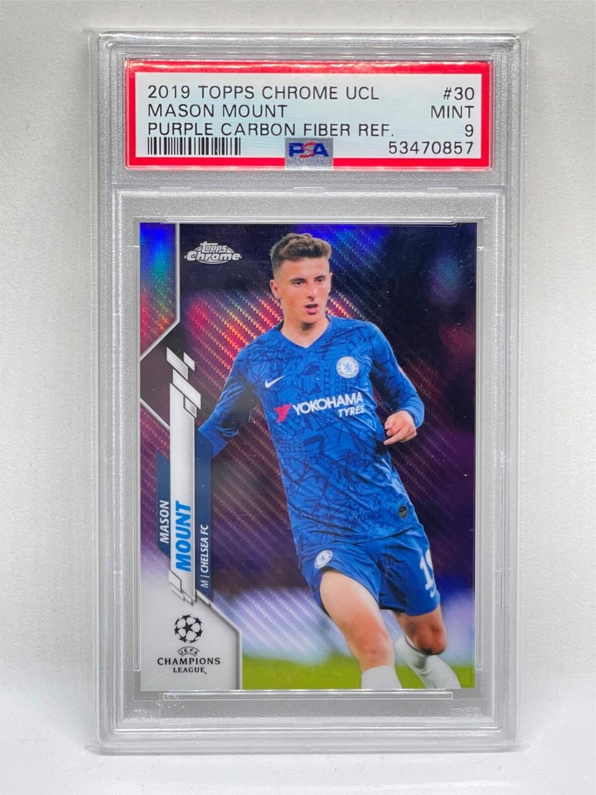 MASON MOUNT 2019-20 TOPPS CHROME UCL PURPLE CARBON FIBER REFRACTOR RC #30 PSA 9