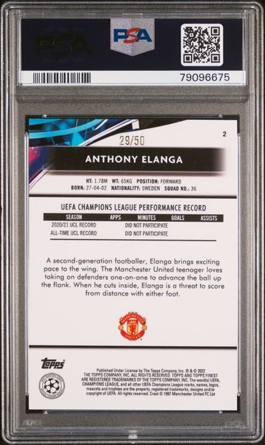 ANTHONY ELANGA 2021-22 TOPPS FINEST UCL GOLD REFRACTOR RC 29/50 PSA 9 MINT POP 3