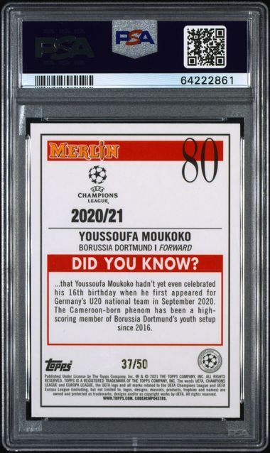 YOUSSOUFA MOUKOKO 2020-21 TOPPS MERLIN UCL GOLD ATOMIC REFRACTOR RC /50 PSA 10