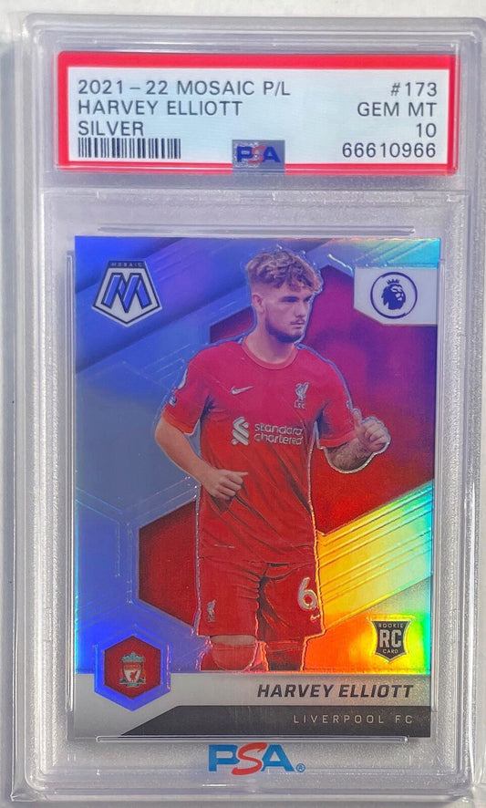 HARVEY ELLIOTT 2021-22 MOSAIC EPL SILVER PRIZM ROOKIE RC #173 PSA 10 GEM POP 5