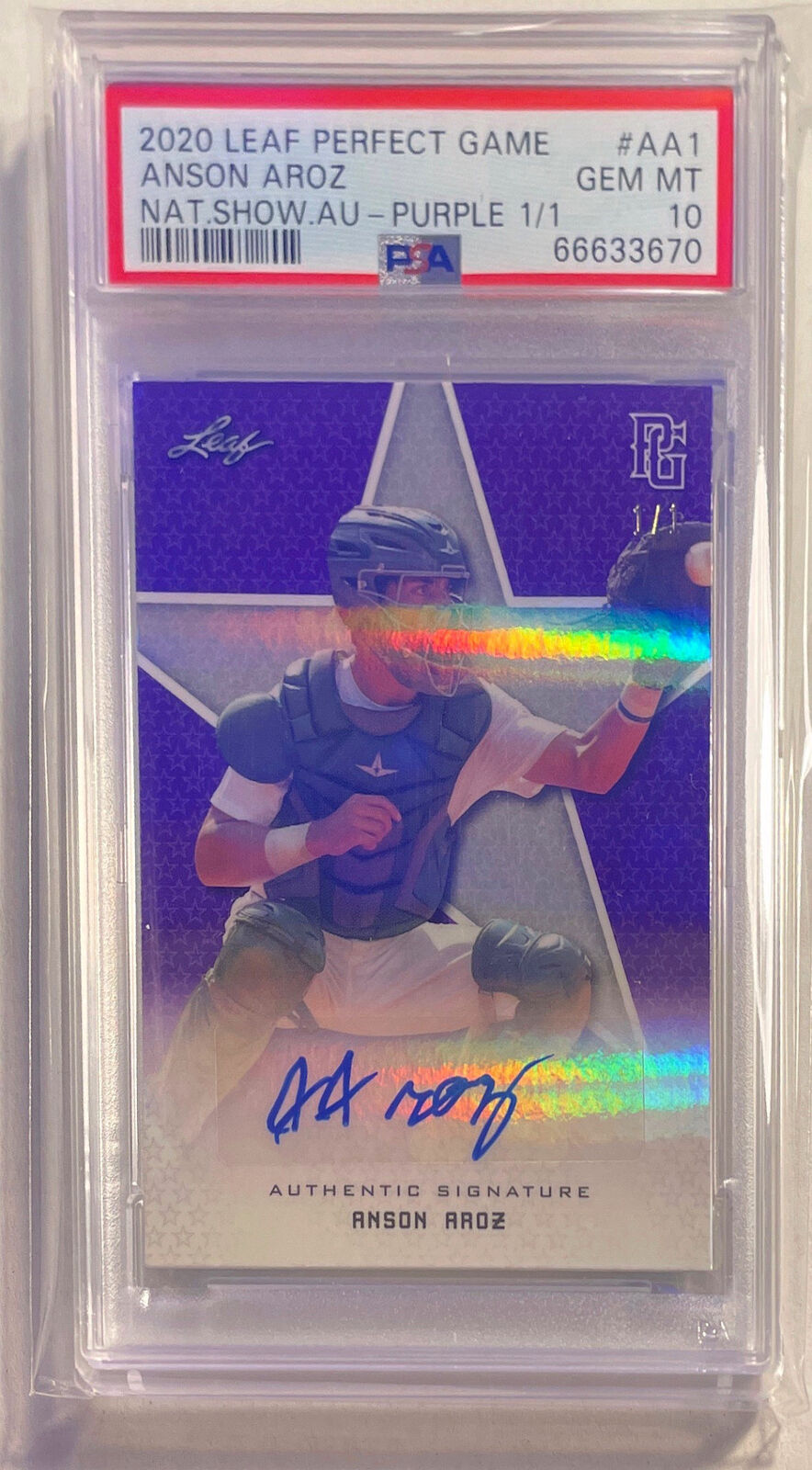 ANSON AROZ 2020 LEAF PERFECT GAME NATIONAL PURPLE AUTO #D 1/1 PSA 10 GEM POP 1/1