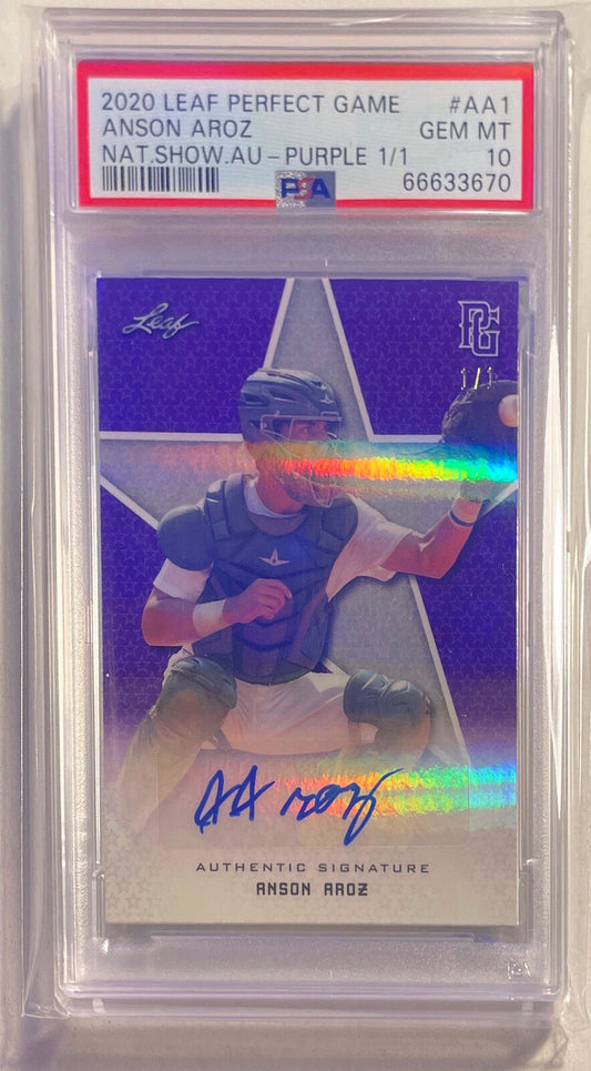 ANSON AROZ 2020 LEAF PERFECT GAME NATIONAL PURPLE AUTO #D 1/1 PSA 10 GEM POP 1/1