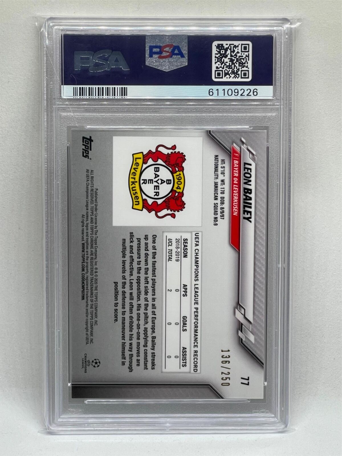 LEON BAILEY 2019-20 TOPPS CHROME UCL PURPLE REFRACTOR RC #D /250 PSA 10 POP 1/1