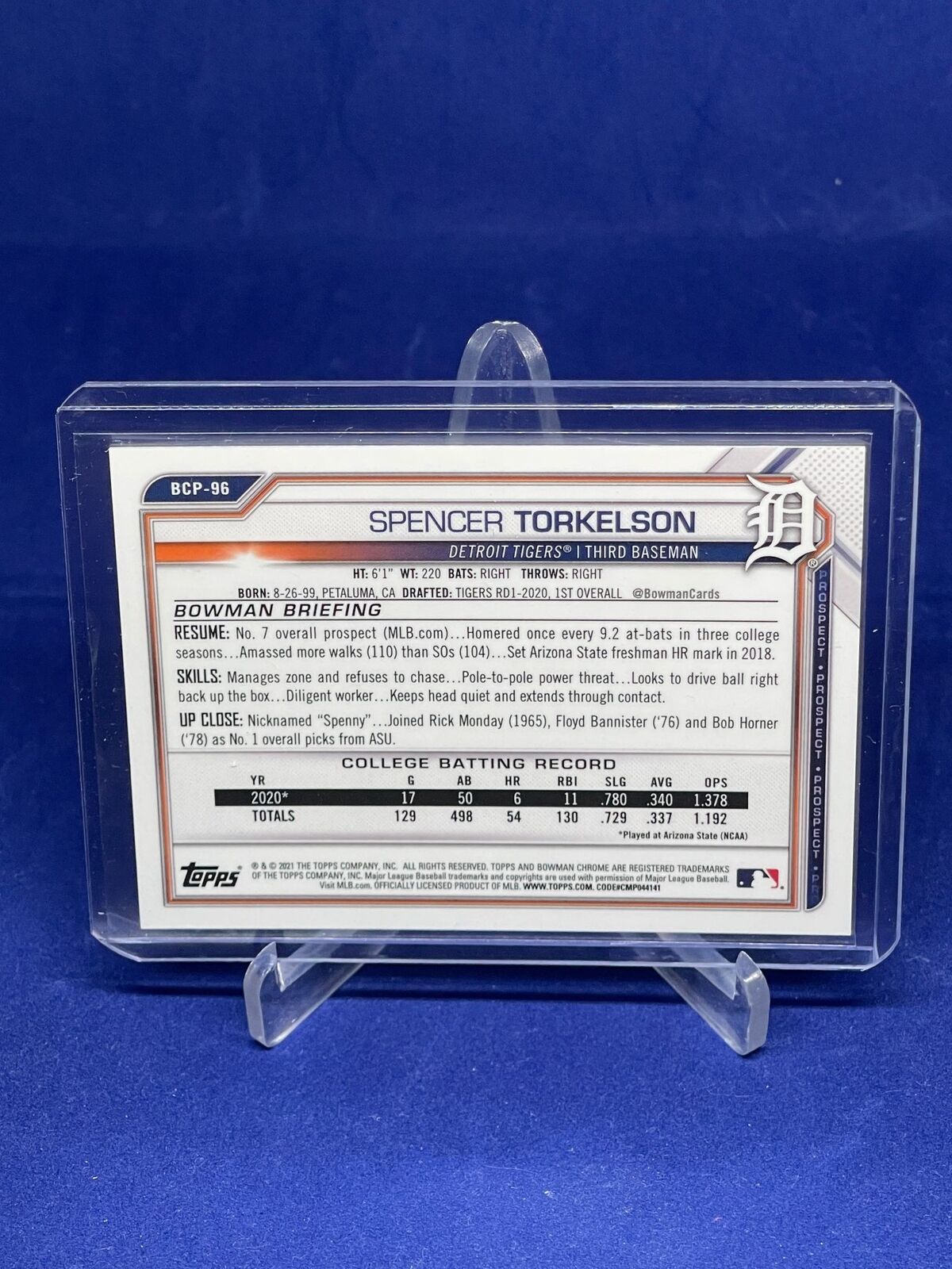SPENCER TORKELSON 2021 BOWMAN CHROME PURPLE REFRACTOR PROSPECT #D 155/250