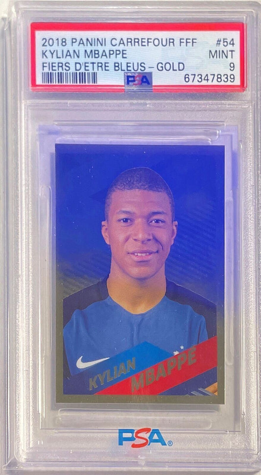 KYLIAN MBAPPE 2018-19 CARREFOUR FFF FIERS D'ETRE BLEUS GOLD STICKER RC #54 PSA 9