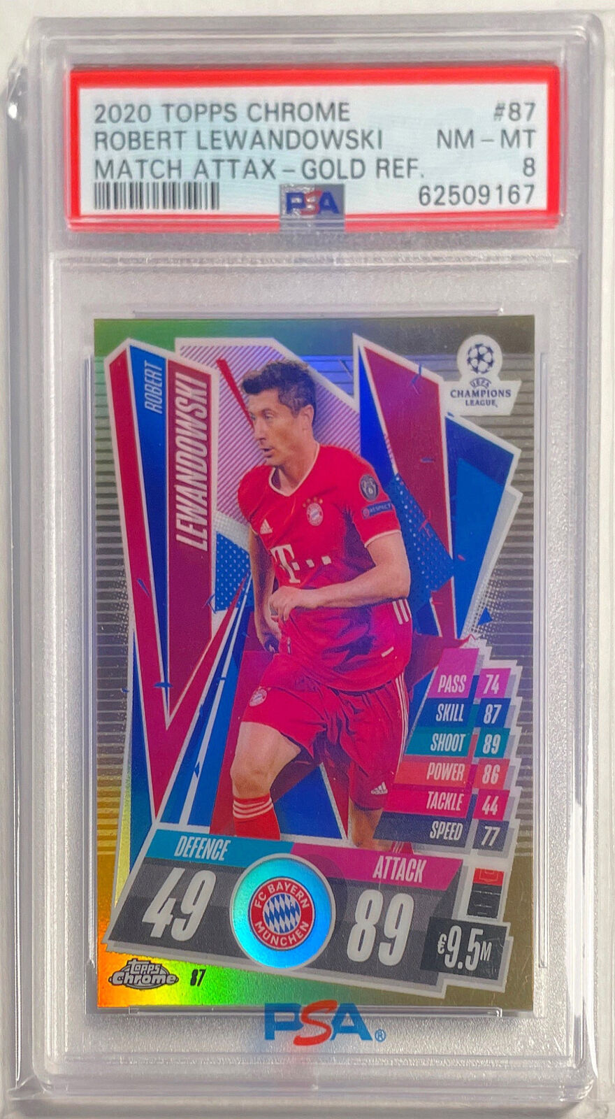 ROBERT LEWANDOWSKI 2020-21 TOPPS CHROME MATCH ATTAX GOLD REFRACTOR #D /50 PSA 8