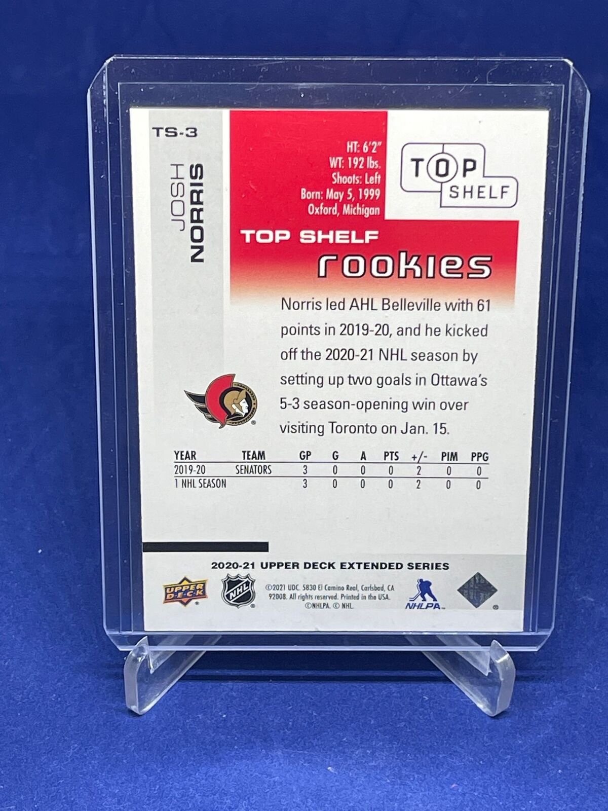 JOSH NORRIS 2020-21 UPPER DECK EXTENDED SERIES TOP SHELF ROOKIES RC #D 391/500
